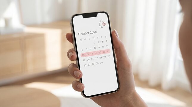 Smartphone displaying menstrual cycle calendar for period tracking