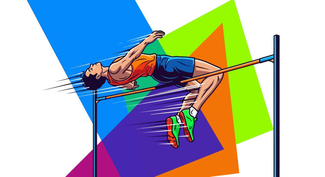 Dynamic male athlete clearing high jump bar in vibrant action