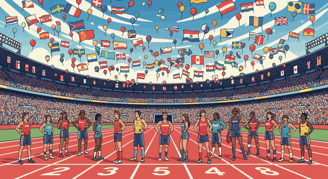 Diverse athletes stand ready at starting line in vibrant stadium with international flags
