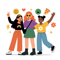 Naklejka premium Diverse young women standing together smiling—flat vector illustration