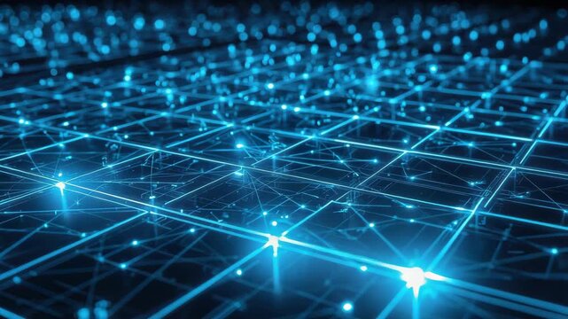 Glowing blue network grid with illuminated nodes and lines conveying futuristic connectivity