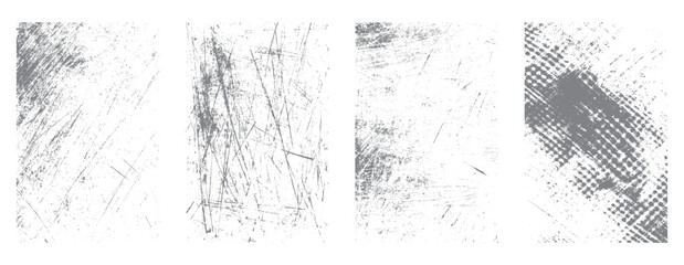 Fototapeta premium Four grey grunge textures on white background scratch distressed overlay