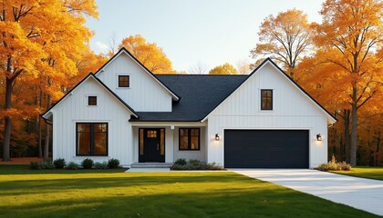 Fototapeta premium Modern white farmhouse features dark garage door, vibrant fall foliage. Clean architecture dark trim windows, creating striking contrast against autumn leaves. Home suburban living in fall season.