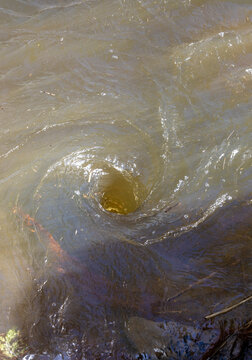 a whirlpool of muddy water running deep down near the river bank
