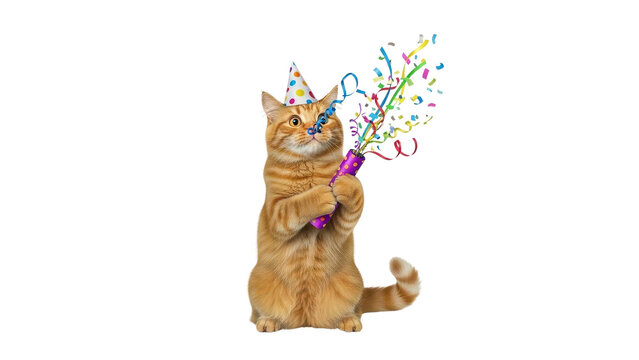 Orange tabby cat wearing a party hat, holding a purple party popper with colorful confetti and streamers exploding, isolated PNG with Transparent Background