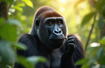 Obraz premium Western lowland gorilla contemplates in dense jungle foliage. Intense gaze suggests deep thought, awareness. Sunlight filters through leaves creating dramatic mood. Primate reflects on environment.