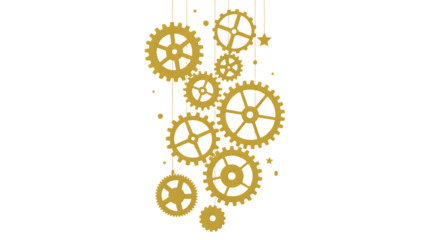 Golden gears and cogs hanging from strings with stars and dots  mechanical design element transparent background