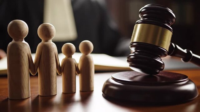 Family Law Concept with Wooden Figures and Gavel - A close-up shot shows wooden family figures holding hands next to a gavel on a wooden surface.