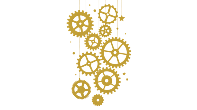 Golden gears and cogs hanging from strings with stars and dots mechanical design element transparent background - Powered by Adobe
