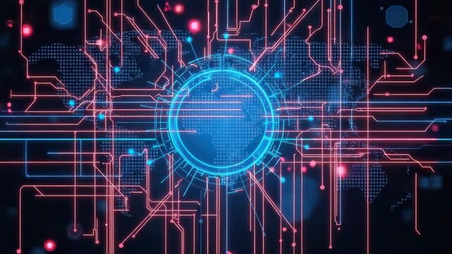 Neon digital circuit hub globe glowing blue with futuristic circuit lines and data pathways