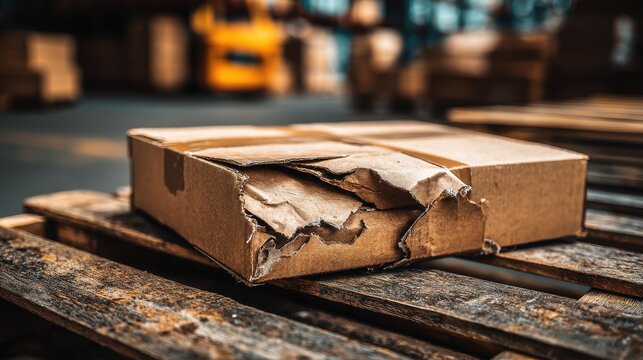 Damaged and torn cardboard box on a wooden pallet in a warehouse logistics setting