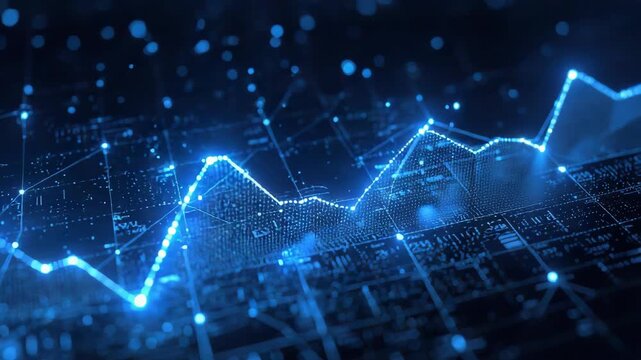 Glowing blue data graph line visualization merging rising peaks and digital network energy