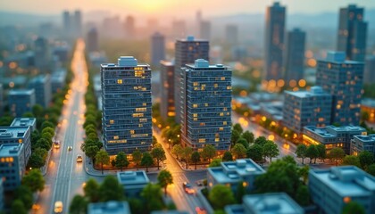 Fototapeta premium Miniature city scene at dusk with tall buildings and lit windows. Streets with cars and trees line a central road. Urban development project with residential and public structures.