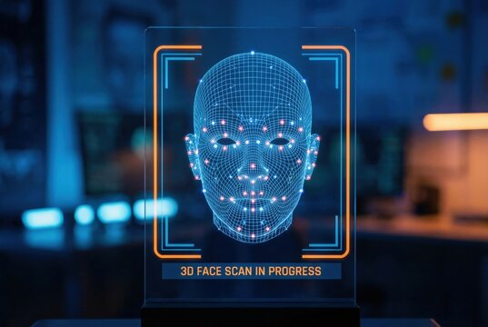 Businessman using smartphone for identity verification with facial recognition interface, representing digital security, personal data protection, and secure access in modern technology.