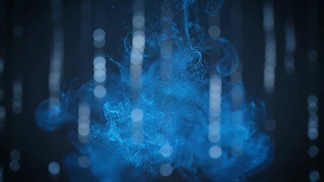 Glowing blue particulate matter swirls amidst vertical blurred light streaks