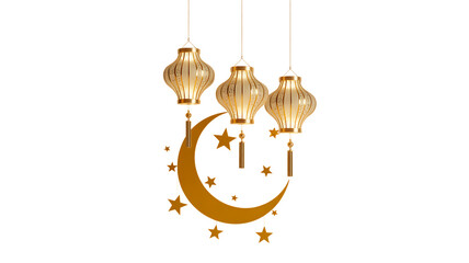 Golden crescent moon and stars with hanging lanterns on transparent background transparent background