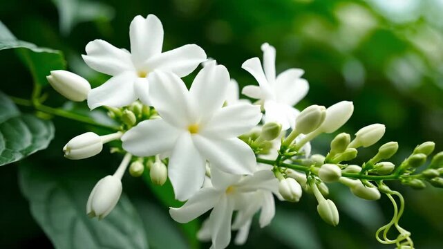 Delicate White Stephanotis Flowers Blooming with Green Foliage and Buds, Emitting a Sweet Perfume