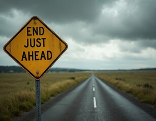 Yellow diamond road sign End Just Ahead on a long empty road. Stormy cloudy sky looms over the desolate landscape. Implies finality danger or doom.