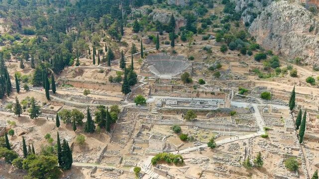 Delphi, Greece. Ruins of the ancient city of Delphi. Sunny weather, Summer. Drone footage, Point of interest