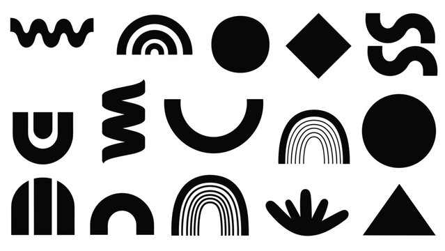 Large set of diverse black abstract geometric shapes including rainbows, waves, circles, and arches for modern graphic design compositions.