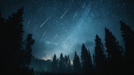 Fototapeta premium Majestic meteor shower over a silhouetted pine forest under a brilliant starry night sky