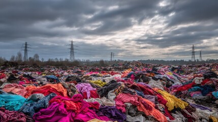 Massive pile of discarded clothing in a landfill under a cloudy sky, representing fast fashion waste and textile pollution