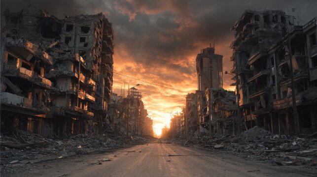 Post-apocalyptic war-torn city street with destroyed buildings and rubble at sunset