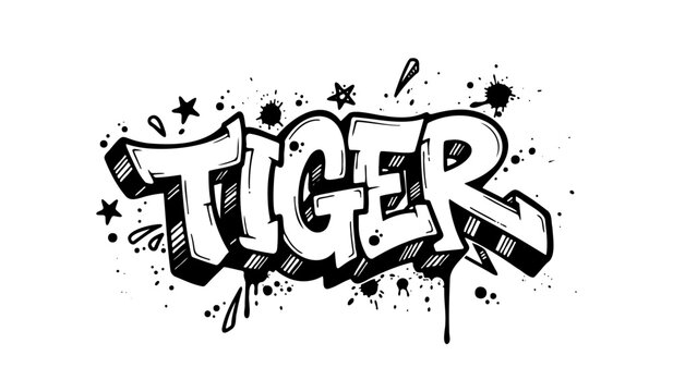 Tiger word graffiti lettering with urban style spray drips and star elements