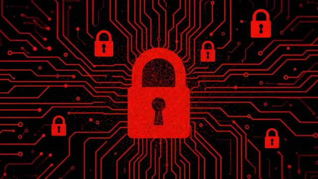 Red padlock circuit board motherboard security cybersecurity circuit glowing network protection