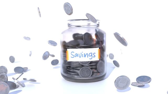 Coins Falling into Glass Jar, Money Savings and Financial Growth Concept
