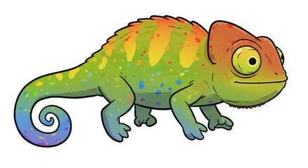 Obraz premium A colorful cartoon chameleon showcases its vibrant rainbow skin against a clean white background. AI Generated