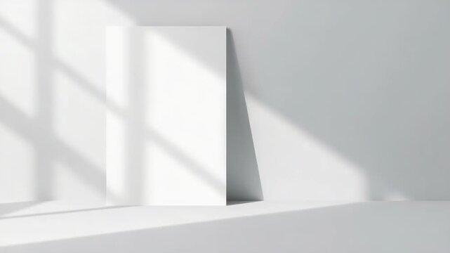 Blank vertical poster minimalist white wall with soft window light casting geometric shadow