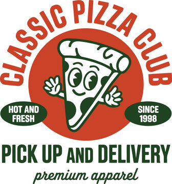 Red and green pizza slice with text and year since 1998