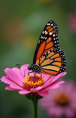Fototapeta premium Monarch butterfly rests on bright pink daisy flower petals. Orange insect with black patterns sips nectar from yellow center. Macro view shows detailed wings, antennae against soft green bokeh