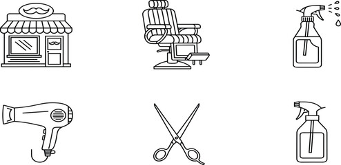 Fototapeta premium Barber shop and hair salon line icon set featuring storefront barber chair spray bottle hair dryer scissors and water mister,