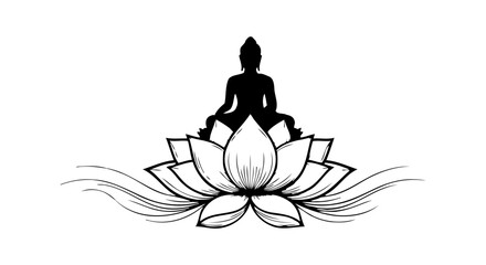 Serene Buddha silhouette meditating on a blooming lotus flower, spiritual tranquility.