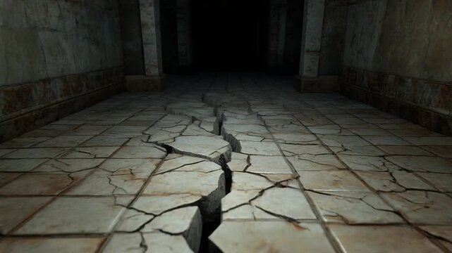 Dark Abandoned Underground Tunnel with Cracked Floor and Rusted Walls