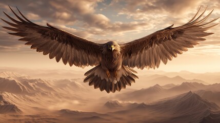 Naklejka premium Majestic eagle soaring high above desert with wings spread wide emerging from misty clouds over rolling mountains.
