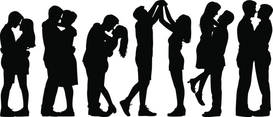 Collection of black silhouettes of couples in romantic poses embracing and kissing against a white background