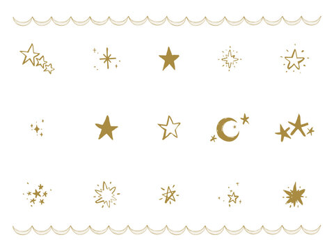 Hand drawn star and crescent moon icon set in gold with wavy frame lines and sparkles