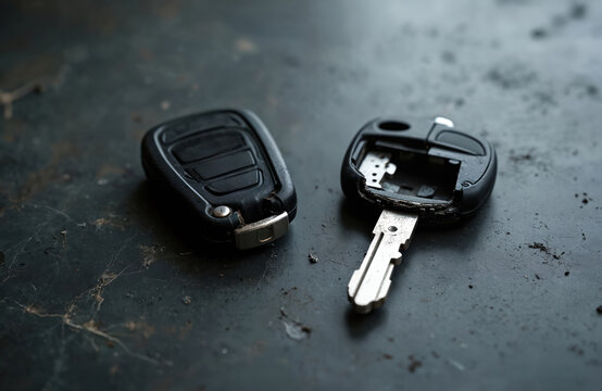 Damaged car remote key lies disassembled on dark gritty surface. Broken car access fob, lost vehicle transponder. Need repair or replacement.