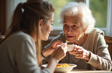 Young woman feeds elderly mother soup at dining table. Gentle caring moment of family support. Woman eats slowly, receiving food from daughter spoon. Indoor meal scene.