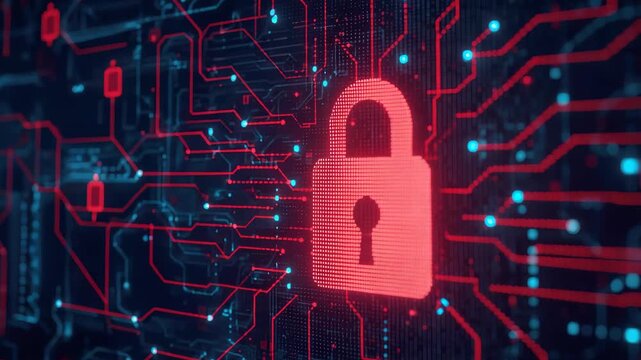Red padlock network circuit cybersecurity data security alert glowing circuit board pattern urgency
