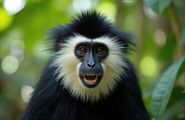 Fototapeta premium Black and white monkey with open mouth looks directly forward. This primate has a fluffy mane around its face and black fur. It sits in green foliage.