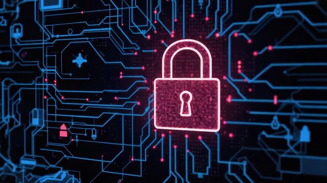 Digital padlock on glowing circuit board conveying cyber security data protection padlock circuit