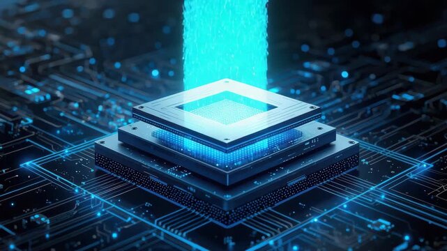 Glowing stacked chip microchip circuit board with blue data beam and processor streaming futuristic