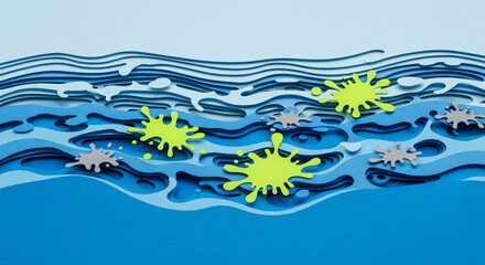 Paper cut concept showing water waves contaminated by toxic splatters