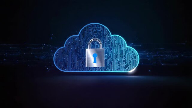 Cloud security lock circuit technology digital glowing padlock and circuit pattern securing