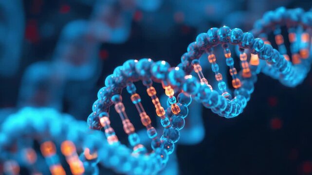 Blue glowing DNA double helix molecular structure with illuminated nucleotide base pairs futuristic