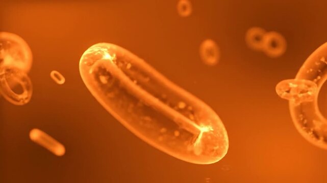 Abstract microscopic image featuring luminous ring-shaped structures, glowing in warm orange
